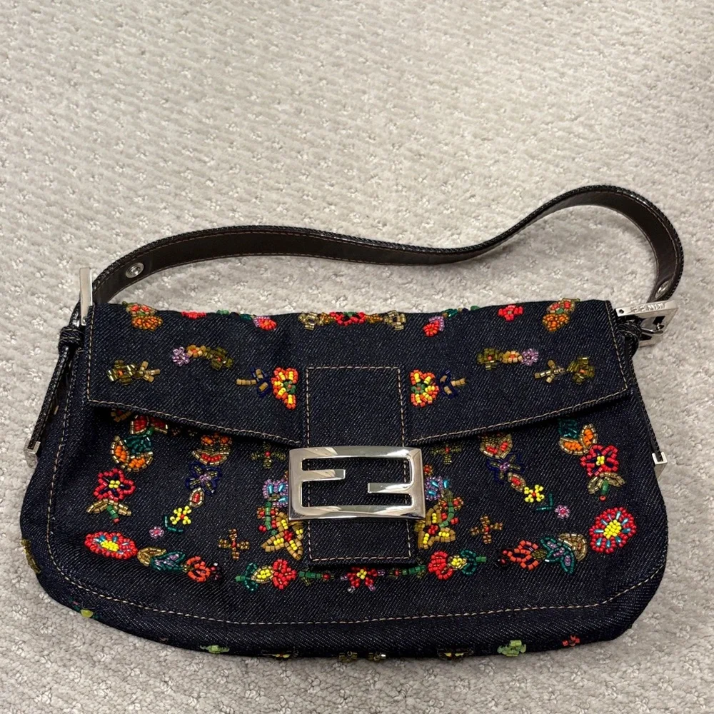 Vintage Fendi Denim Embroidered Floral Shoulder Bag with Silver Buckle - Picture 1 of 10